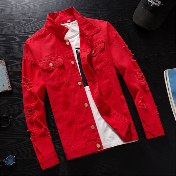 Men's Denim Jacket Men Windbreaker Streetwear Jeans Jacket Homme Casual Fashion Coat Pink Red Black