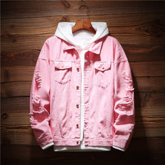 Men's Denim Jacket Men Windbreaker Streetwear Jeans Jacket Homme Casual Fashion Coat Pink Red Black