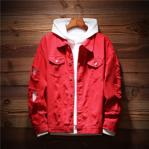 Men's Denim Jacket Men Windbreaker Streetwear Jeans Jacket Homme Casual Fashion Coat Pink Red Black