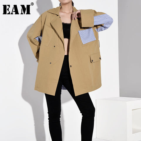 [EAM] Loose Fit Khaki Striped Stitch Big Size Jacket New Lapel Long Sleeve Women Coat Fashion Tide Spring Autumn 2020 WJ08504