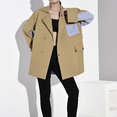[EAM] Loose Fit Khaki Striped Stitch Big Size Jacket New Lapel Long Sleeve Women Coat Fashion Tide Spring Autumn 2020 WJ08504