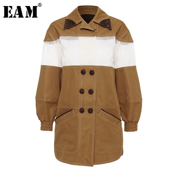 [EAM] Loose Fit Khaki Mesh Split Joint Temperament Jacket New Lapel Long Sleeve Women Coat Fashion Tide Spring 2020 1U864