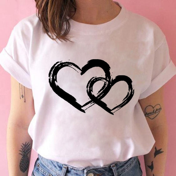 Women T-shirts with Hearts Casual Harajuku Print T-shirts Summer Women Short Sleeve Female T-shirts Vogue Women T-shirts Clothes