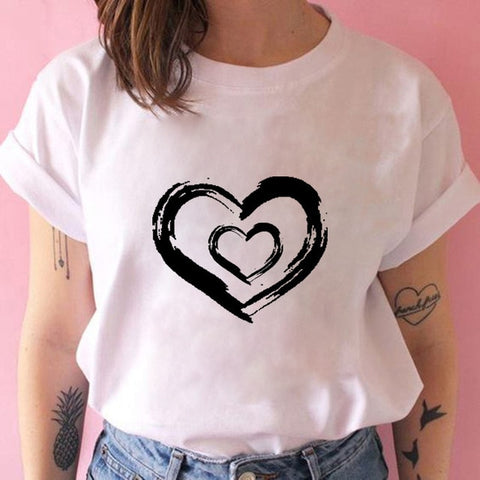 Women T-shirts with Hearts Casual Harajuku Print T-shirts Summer Women Short Sleeve Female T-shirts Vogue Women T-shirts Clothes