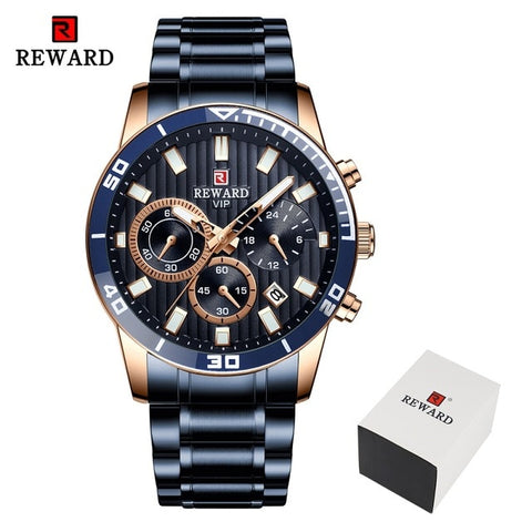 REWARD Luxury Golden Men's Quartz Watch Fashion Men Stainless Steel Sport Date Watches Waterproof Wristwatch Relogio Masculino